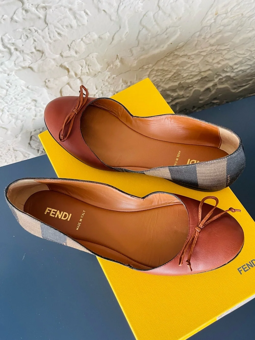 Authentic Fendi Brown Leather & Striped Fabric Ballet Flats Size 38 EUR